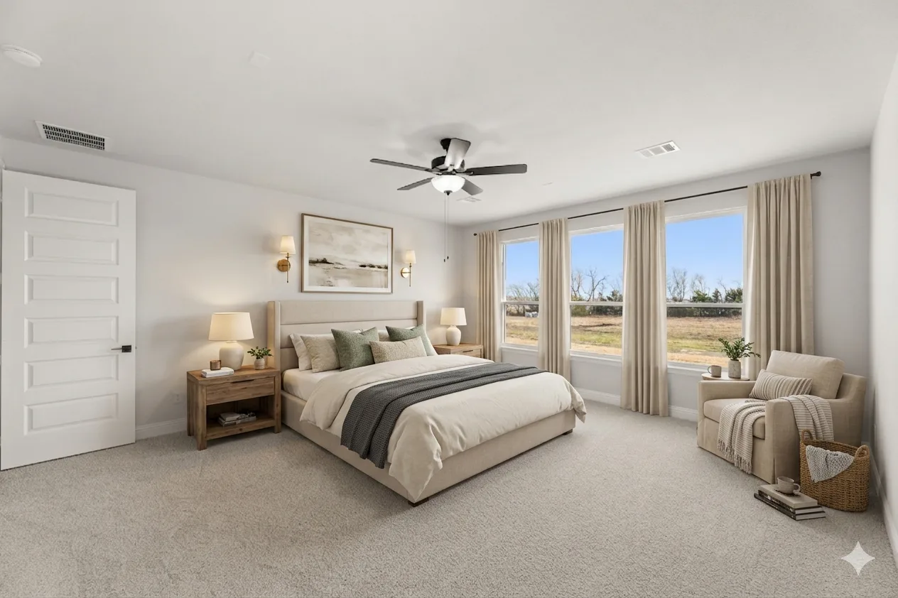 Virtually staged primary bedroom in the Brady floor plan at Heritage by Kindred Homes