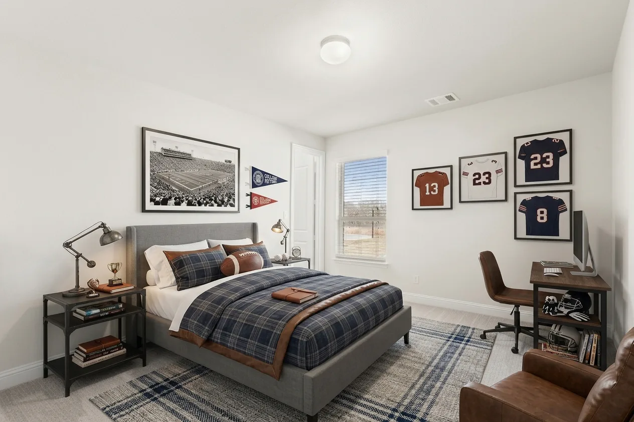 Virtually staged secondary bedroom in an available home at Heritage by Kindred Homes in McLendon-Chisholm