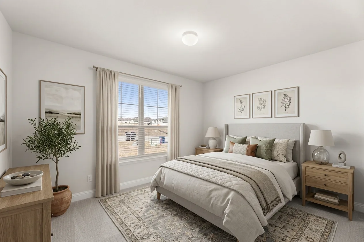 Virtually staged secondary bedroom in an available home at Heritage by Kindred Homes in McLendon-Chisholm