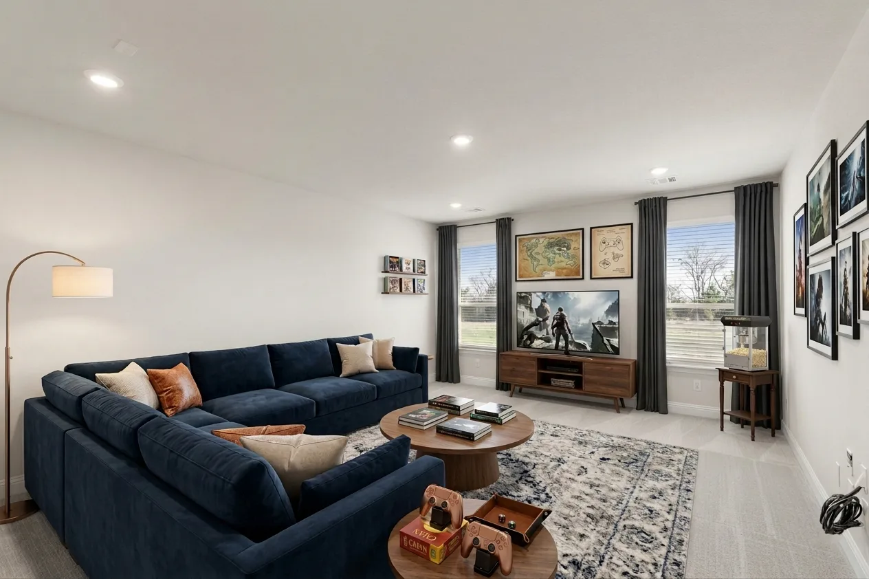 Virtually staged spacious game room in an available home at Heritage by Kindred Homes in McLendon-Chisholm