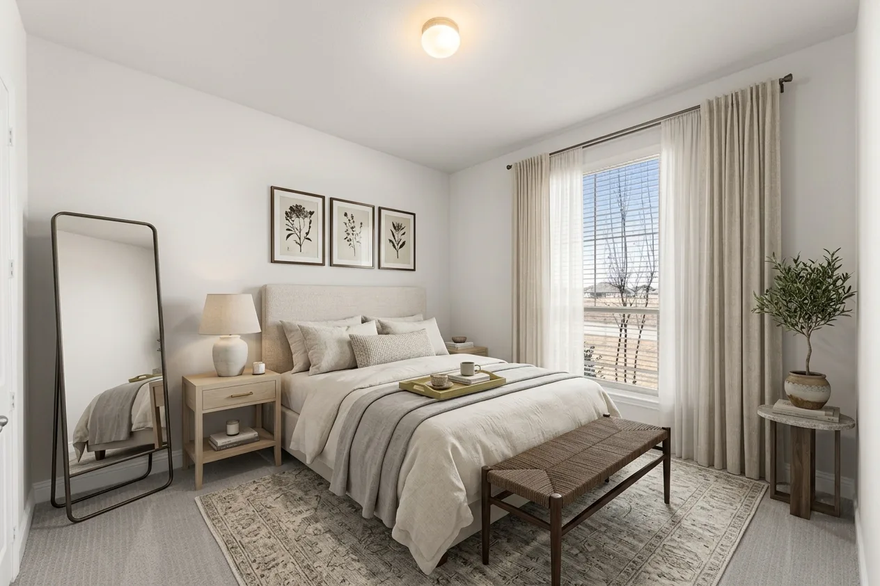 Virtually staged guest bedroom in an available home at Heritage by Kindred Homes in McLendon-Chisholm