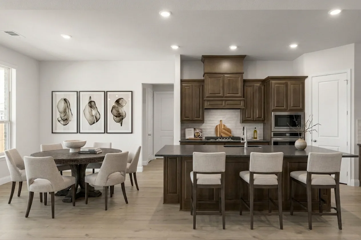 Virtually staged kitchen and dining nook in an available home at Heritage by Kindred Homes in McLendon-Chisholm