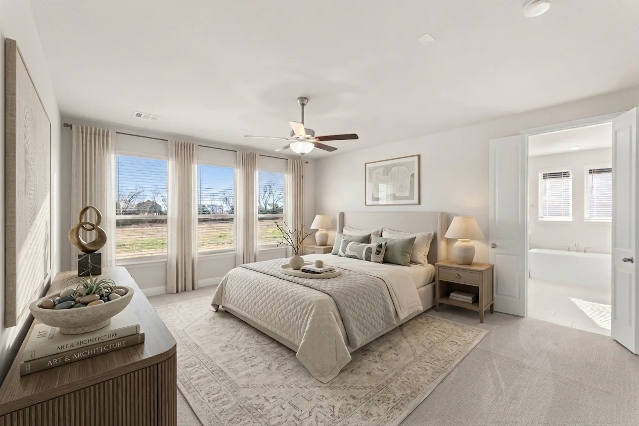 Virtually staged primary bedroom with natural light in an available home at Heritage by Kindred Homes in McLendon-Chisholm