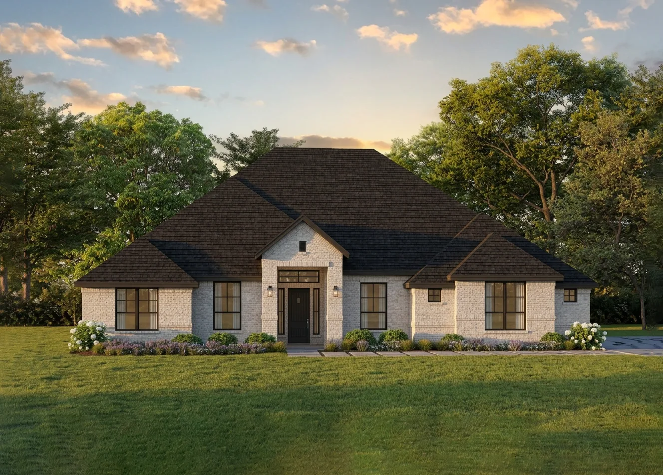 Exterior rendering of a modern Texas ranch style home by Kindred Homes