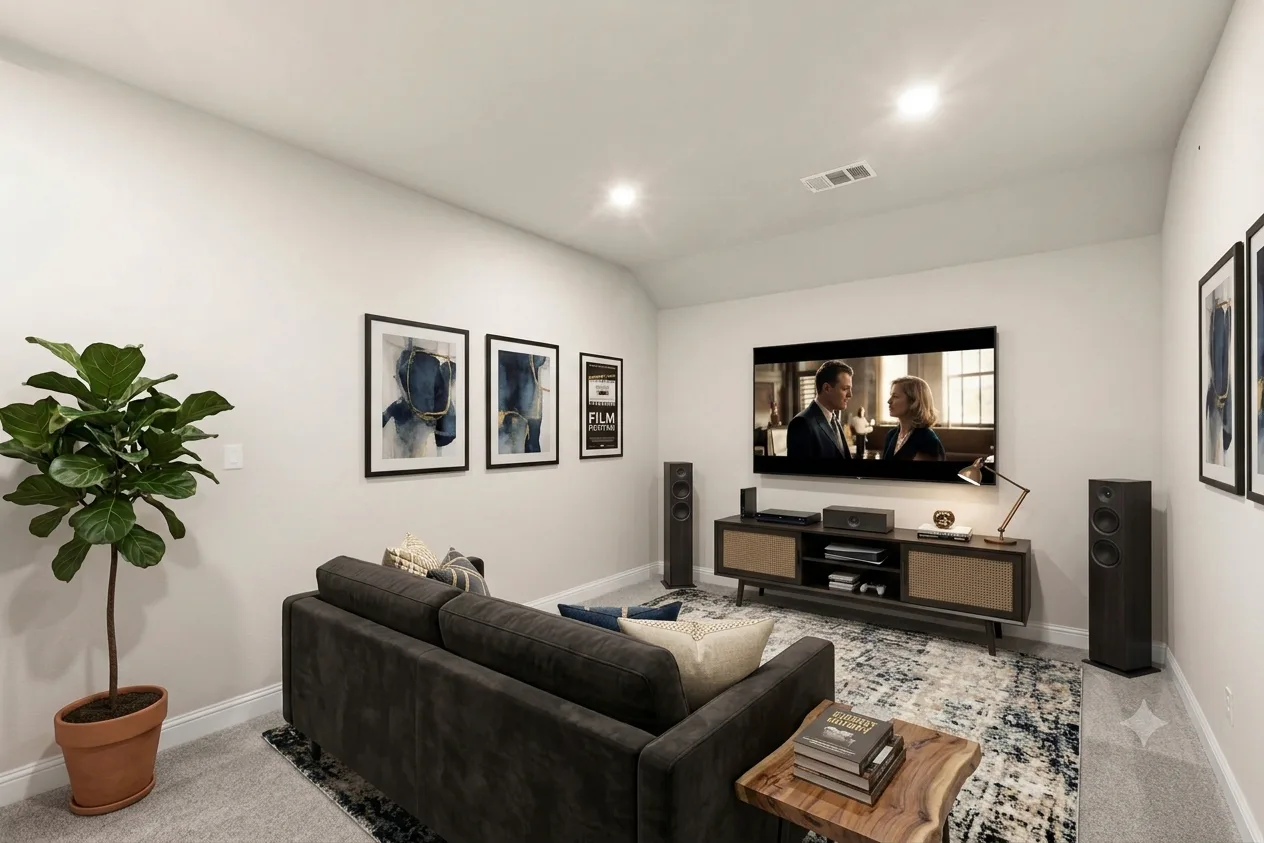 Virtually staged media room in a new traditional style home by Kindred Homes