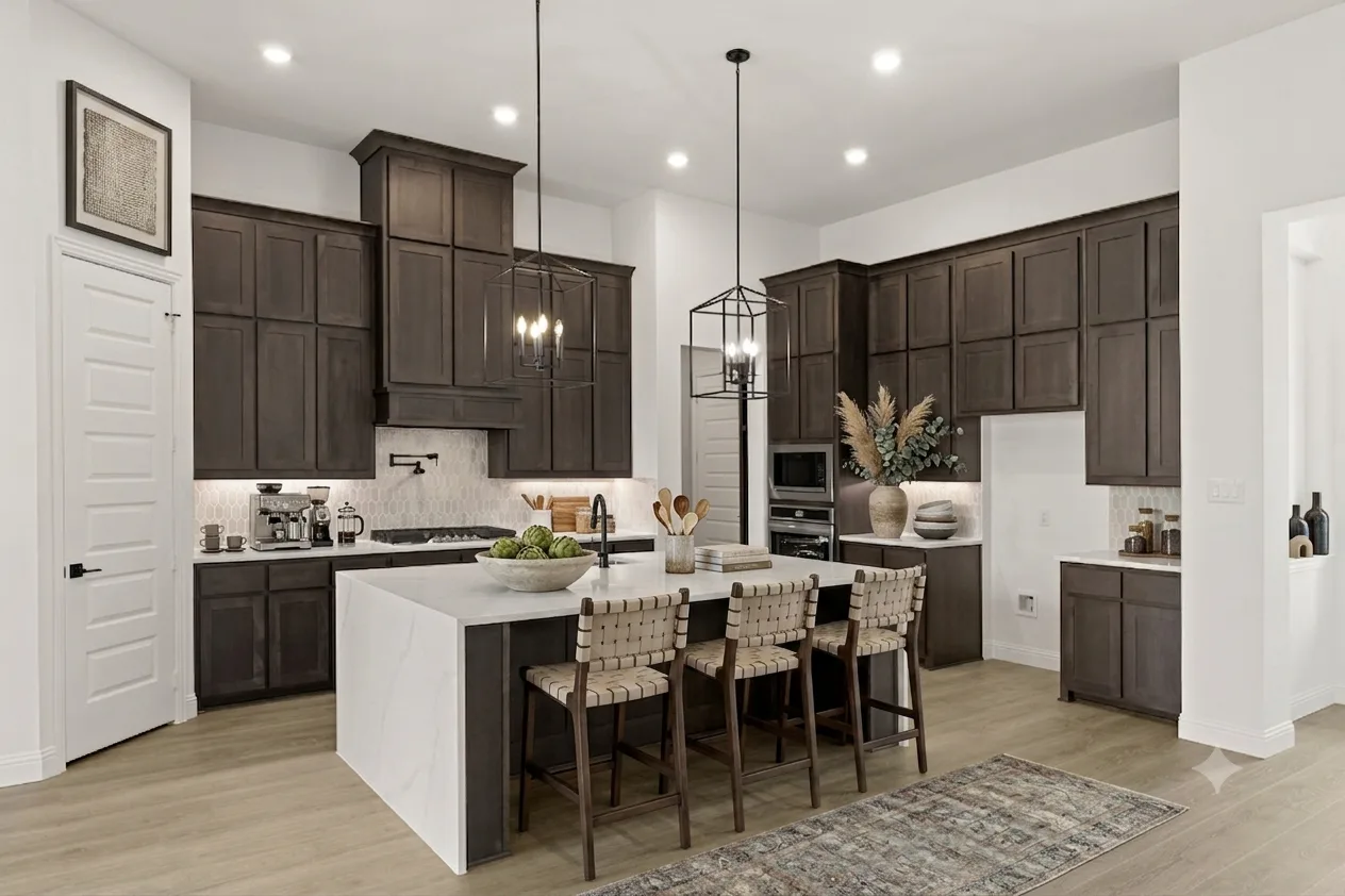 Virtually staged kitchen in a transitional ranch style home by Kindred Homes