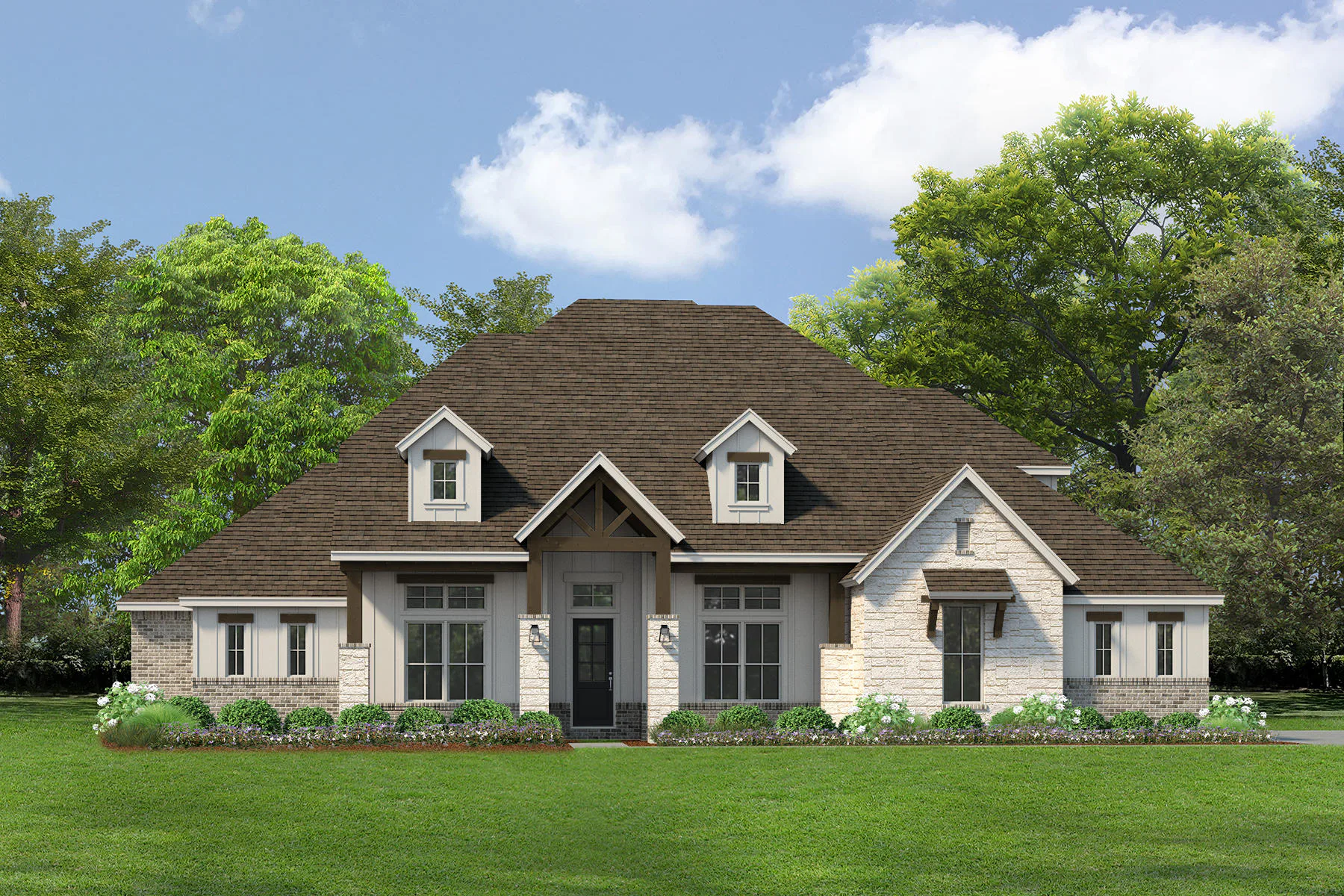 Exterior rendering of a modern Texas ranch style home by Kindred Homes.