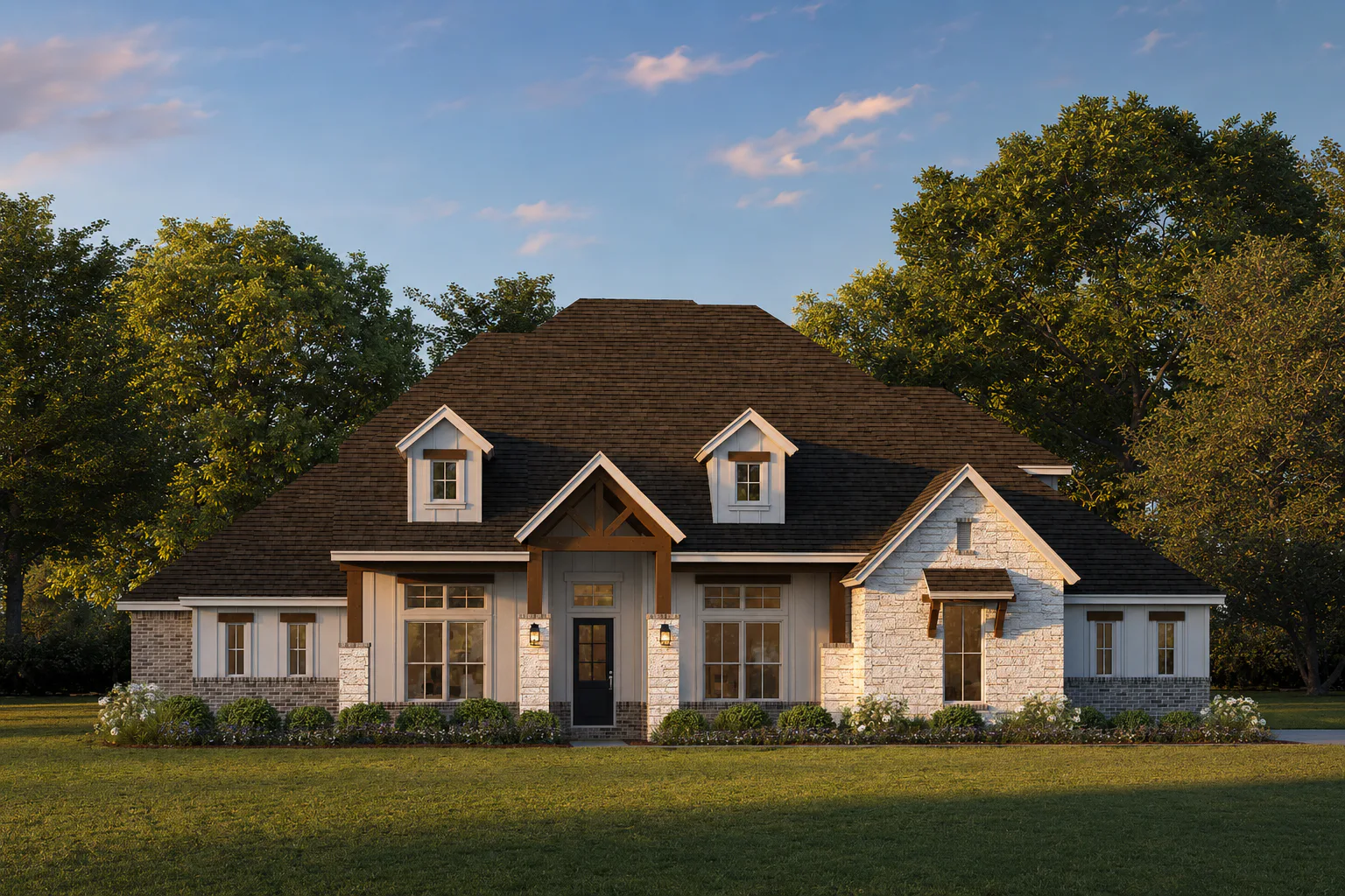 Exterior rendering of a modern Texas ranch style home by Kindred Homes.