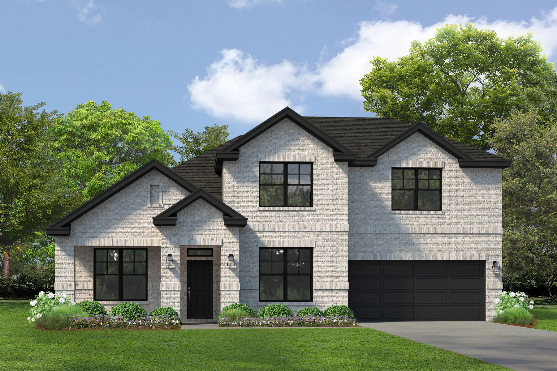 Exterior rendering of a modern farmhouse transitional style home by Kindred Homes