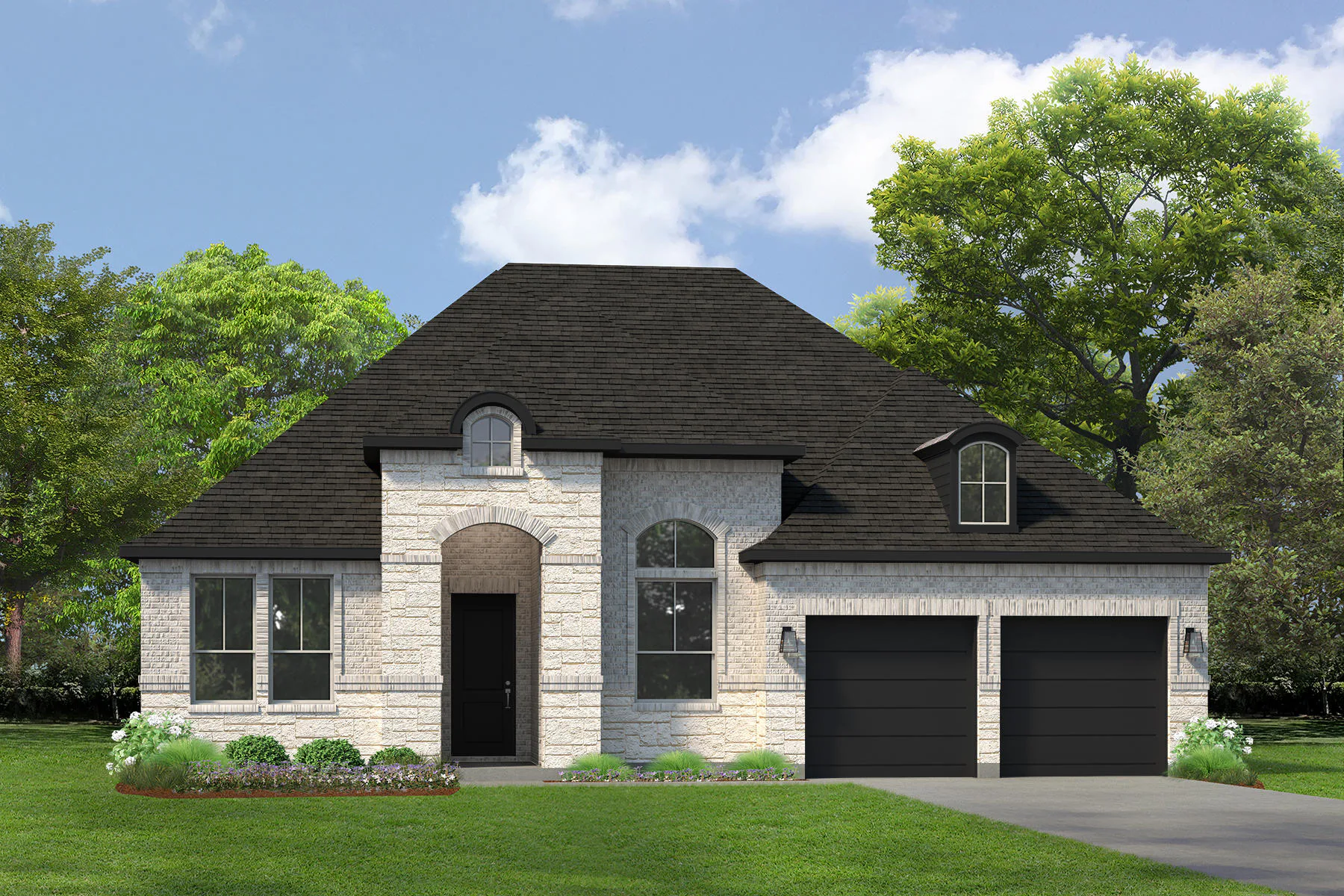 Exterior rendering of a modern tudor style home by Kindred Homes