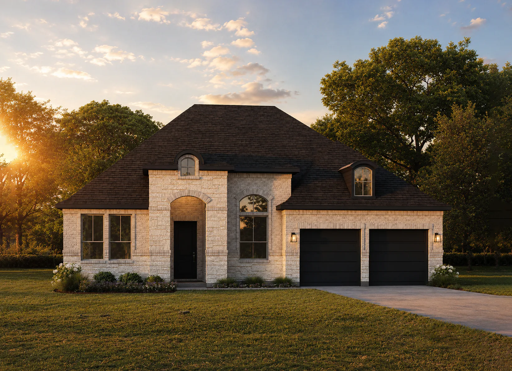 Exterior rendering of a modern tudor style home by Kindred Homes