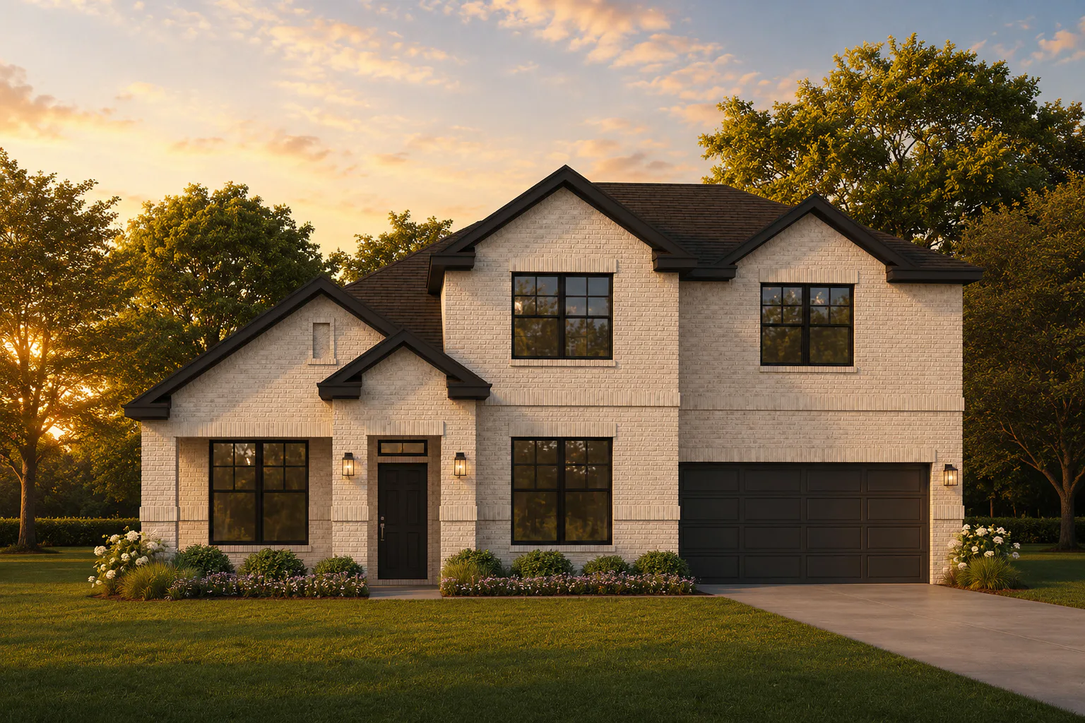 Exterior rendering of a modern farmhouse transitional style home by Kindred Homes