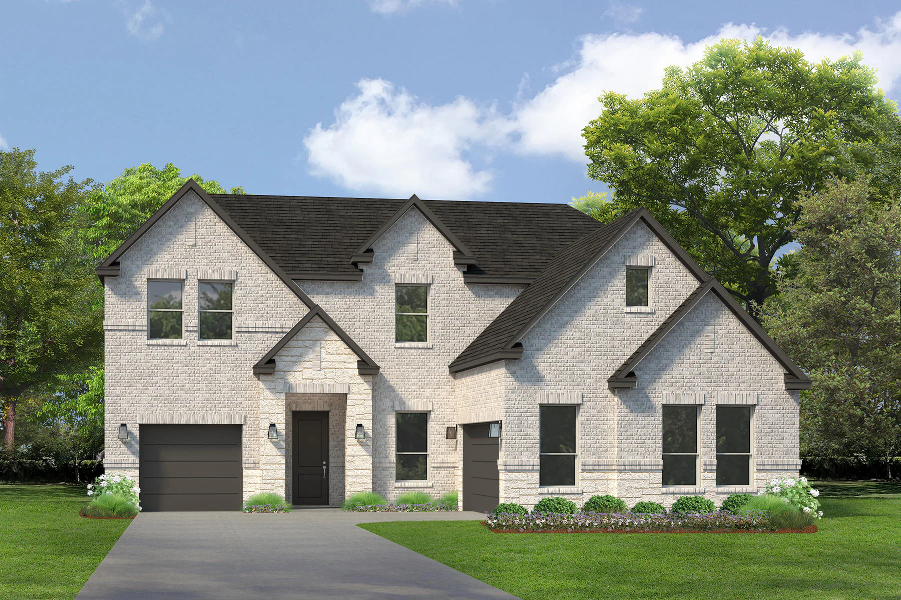 Exterior rendering of a modern farmhouse transitional style home by Kindred Homes