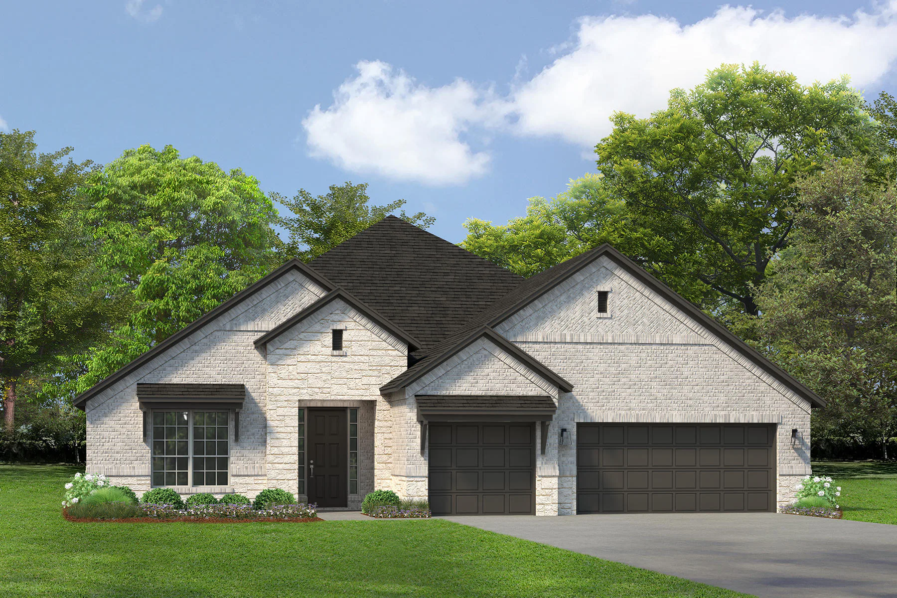Exterior rendering of a transitional ranch style home by Kindred Homes