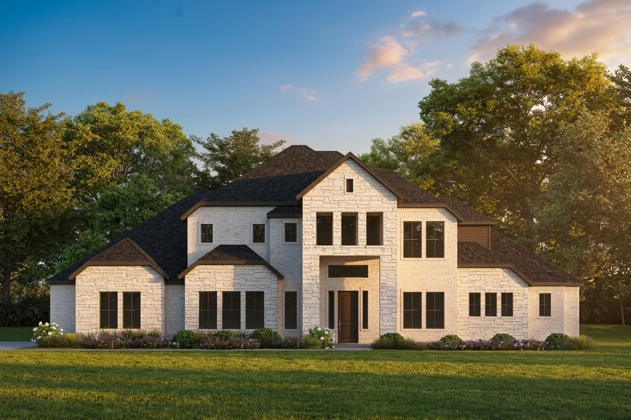 Exterior rendering of a transitional hill country style home by Kindred Homes
