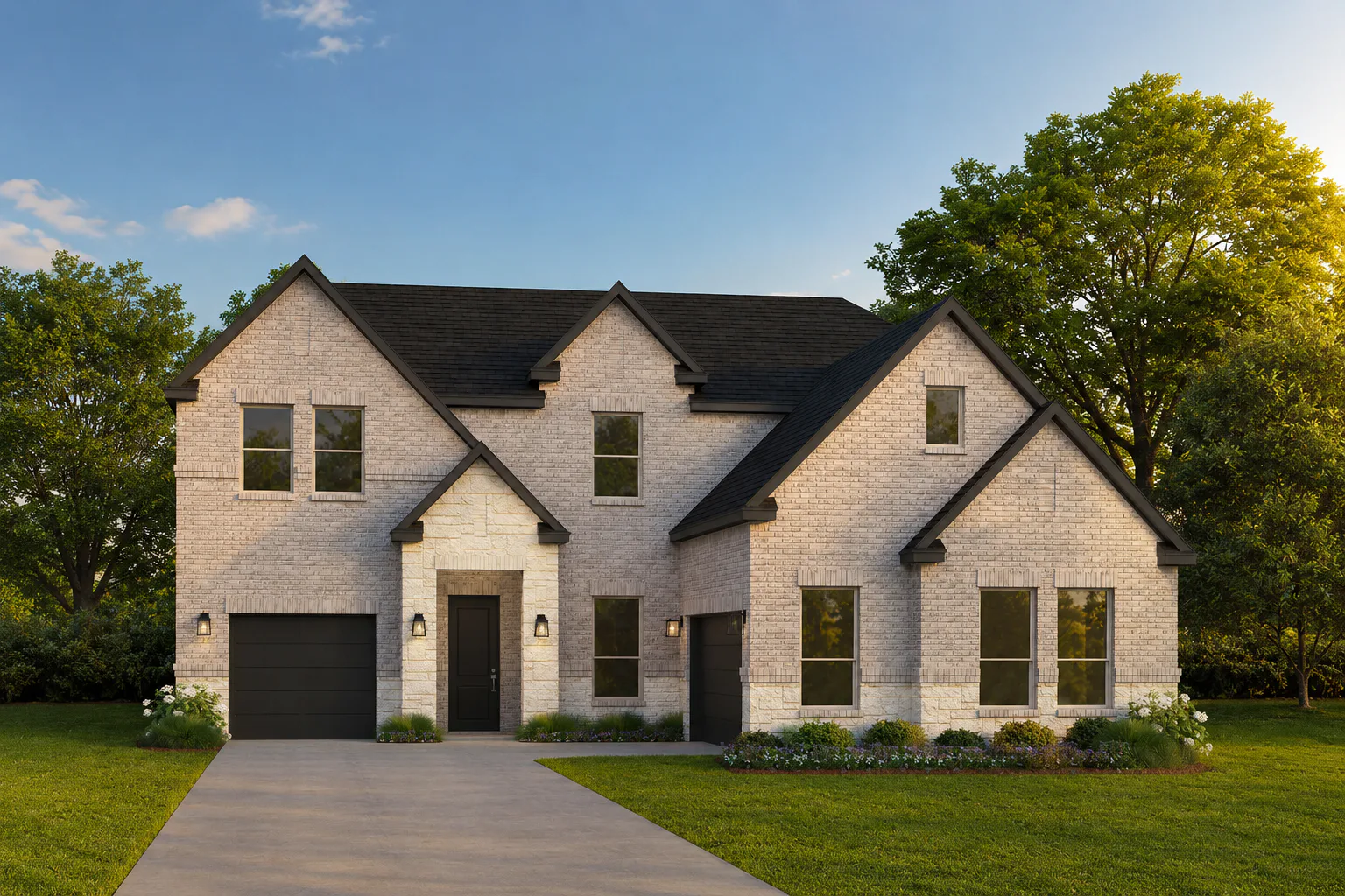 Exterior rendering of a modern farmhouse transitional style home by Kindred Homes