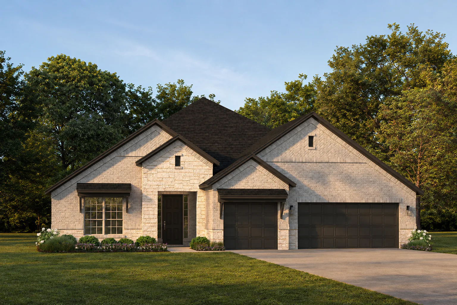 Exterior rendering of a transitional ranch style home by Kindred Homes