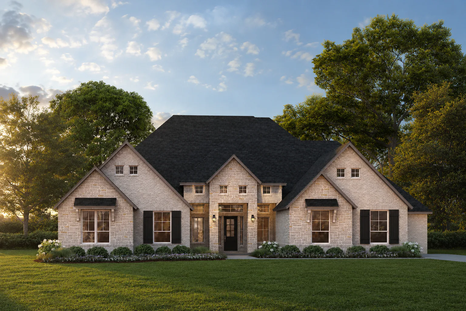 Exterior rendering of a transitional ranch style home by Kindred Homes