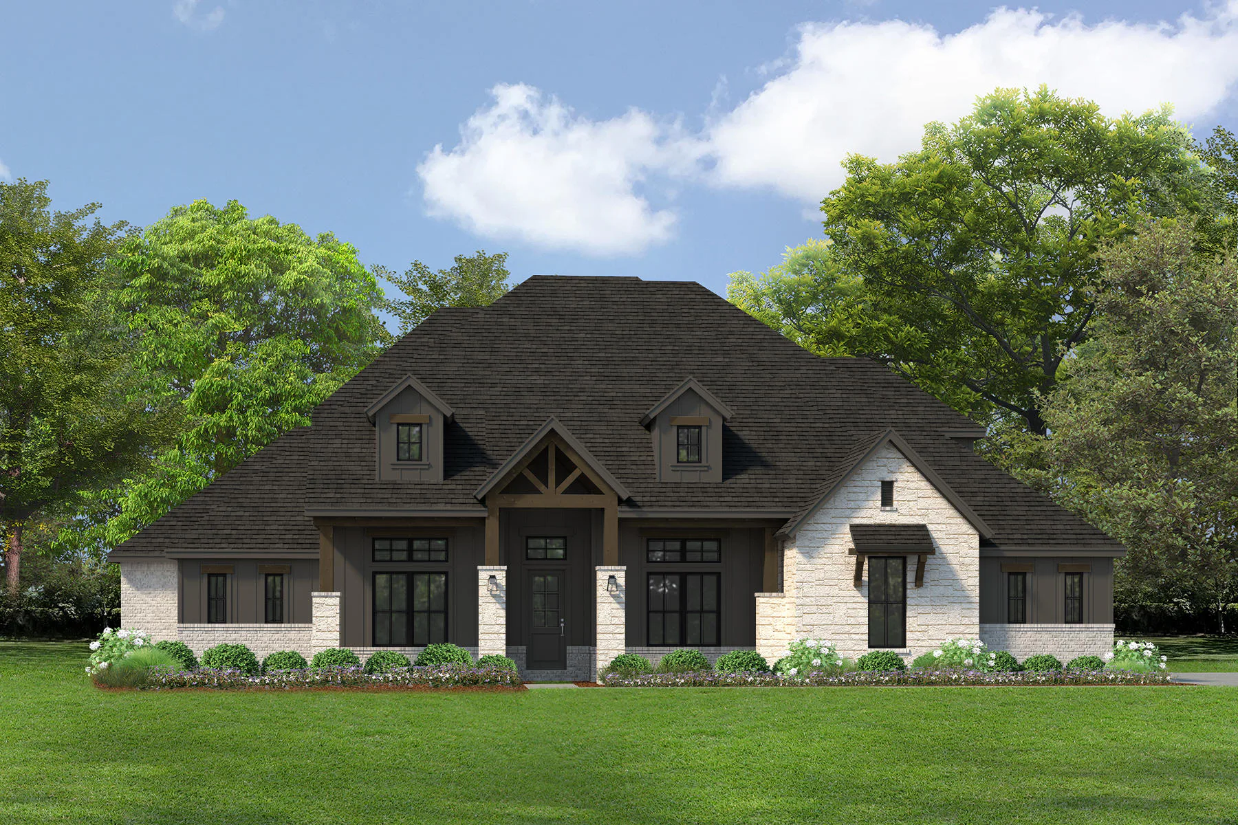 Exterior rendering of a modern Texas ranch style home by Kindred Homes
