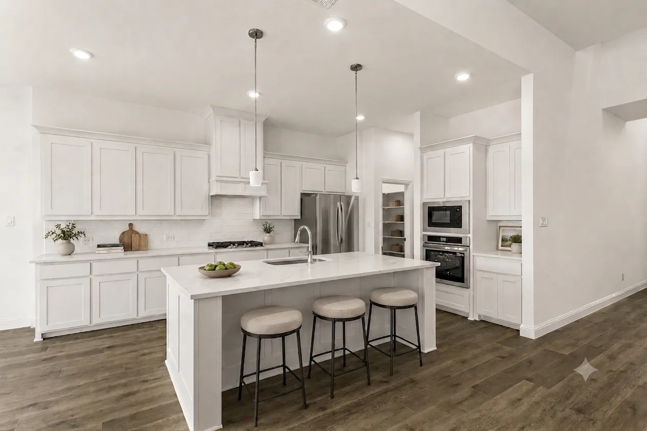 Virtually staged kitchen in a modern farmhouse transitional home by Kindred Homes