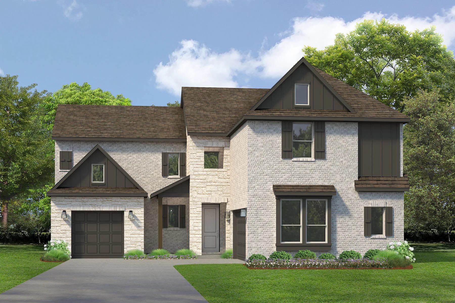 Exterior rendering of a modern tudor style home by Kindred Homes