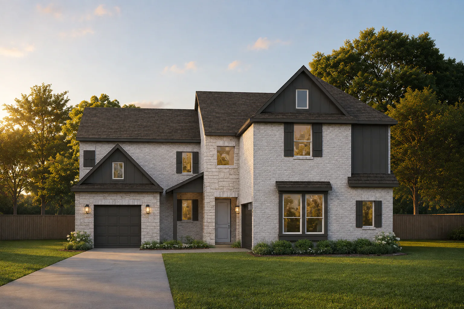 Exterior rendering of a modern tudor style home by Kindred Homes