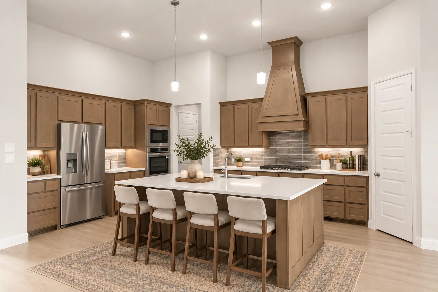 Virtually staged kitchen in a transitional ranch style home by Kindred Homes