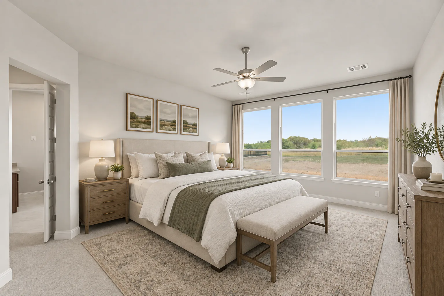 Virtually staged primary bedroom in a transitional ranch style home by Kindred Homes