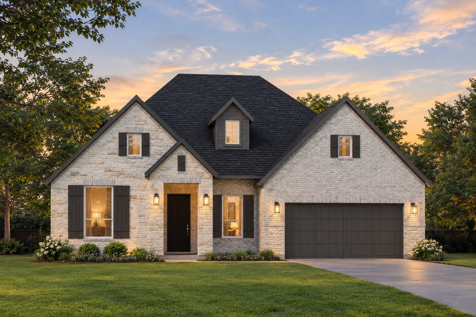 Exterior rendering of a modern tudor style home by Kindred Homes