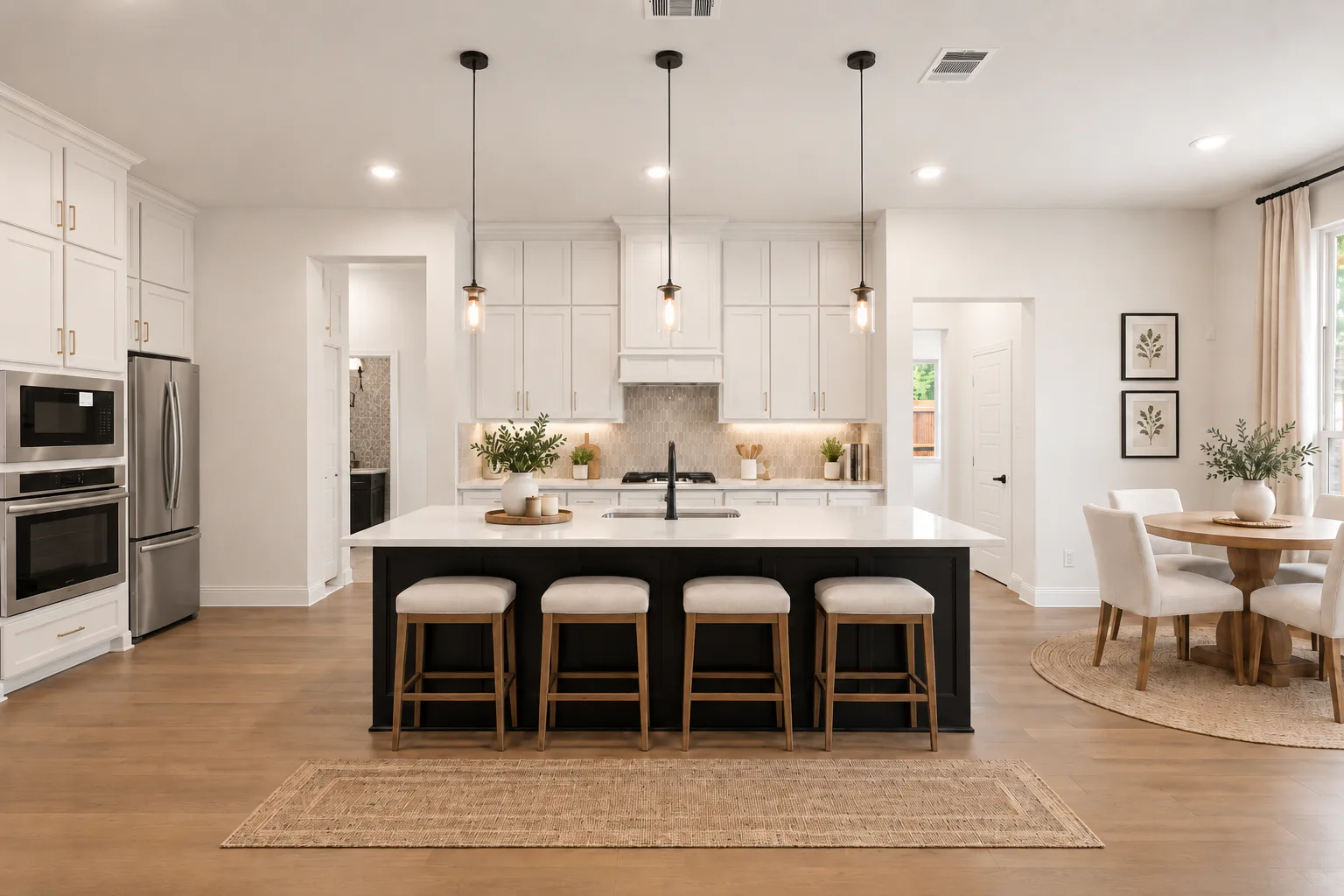 Virtually staged kitchen in a new traditional style home by Kindred Homes