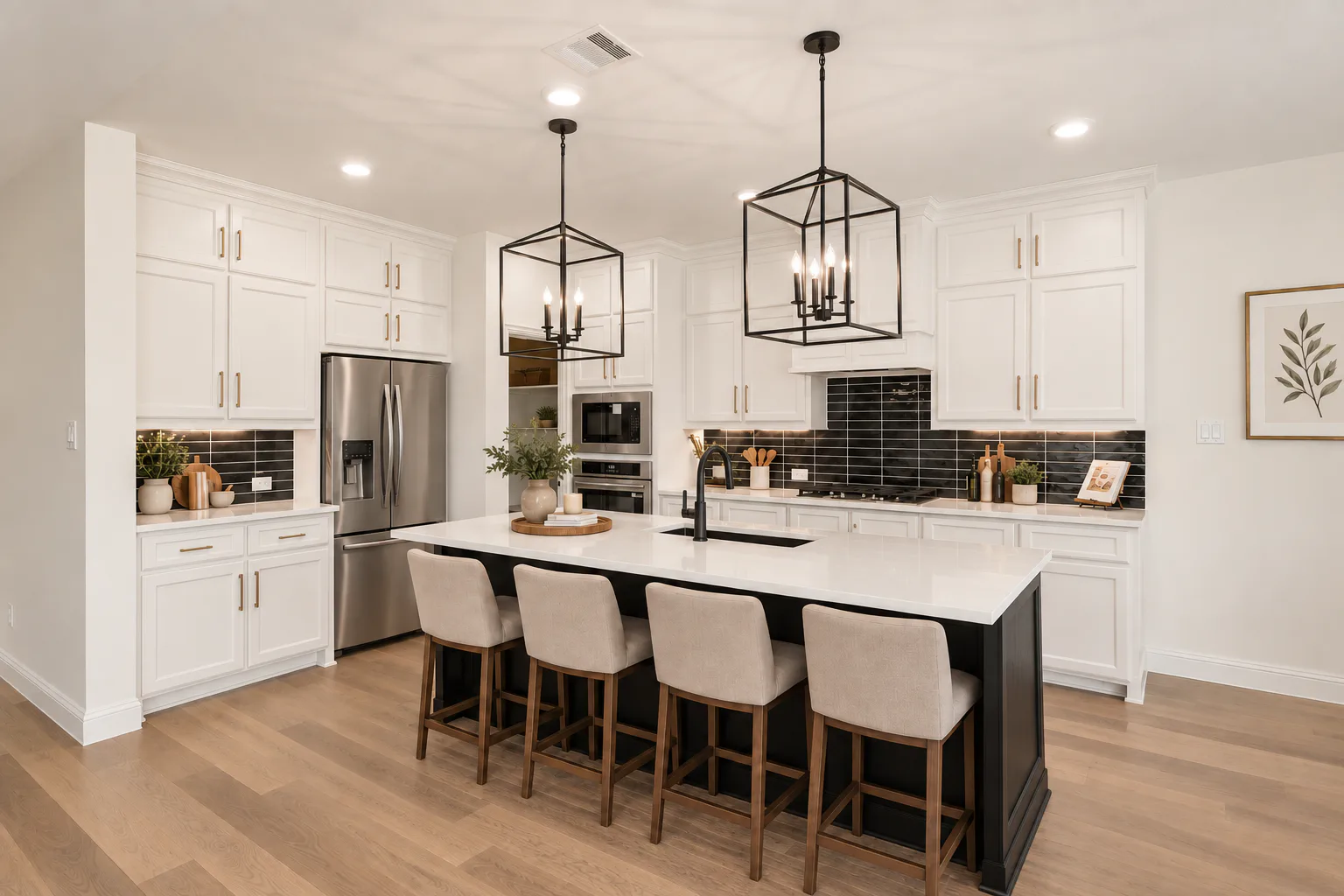 Virtually staged kitchen in a new traditional style home by Kindred Homes
