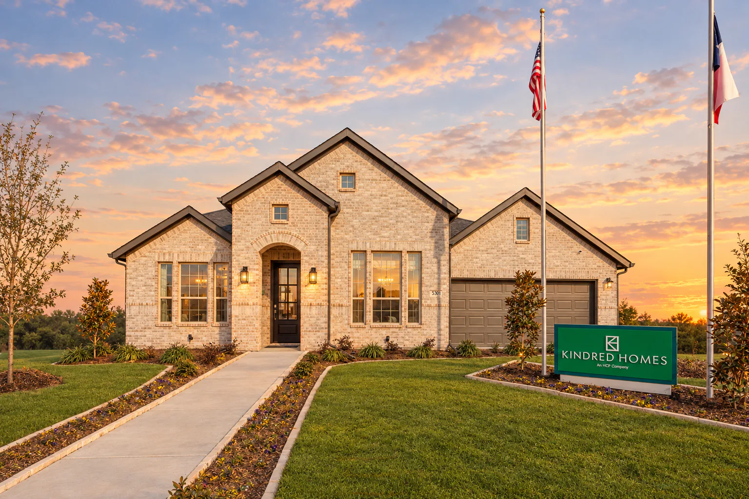 Front view of model home at Park Trails by Kindred Homes in Forney