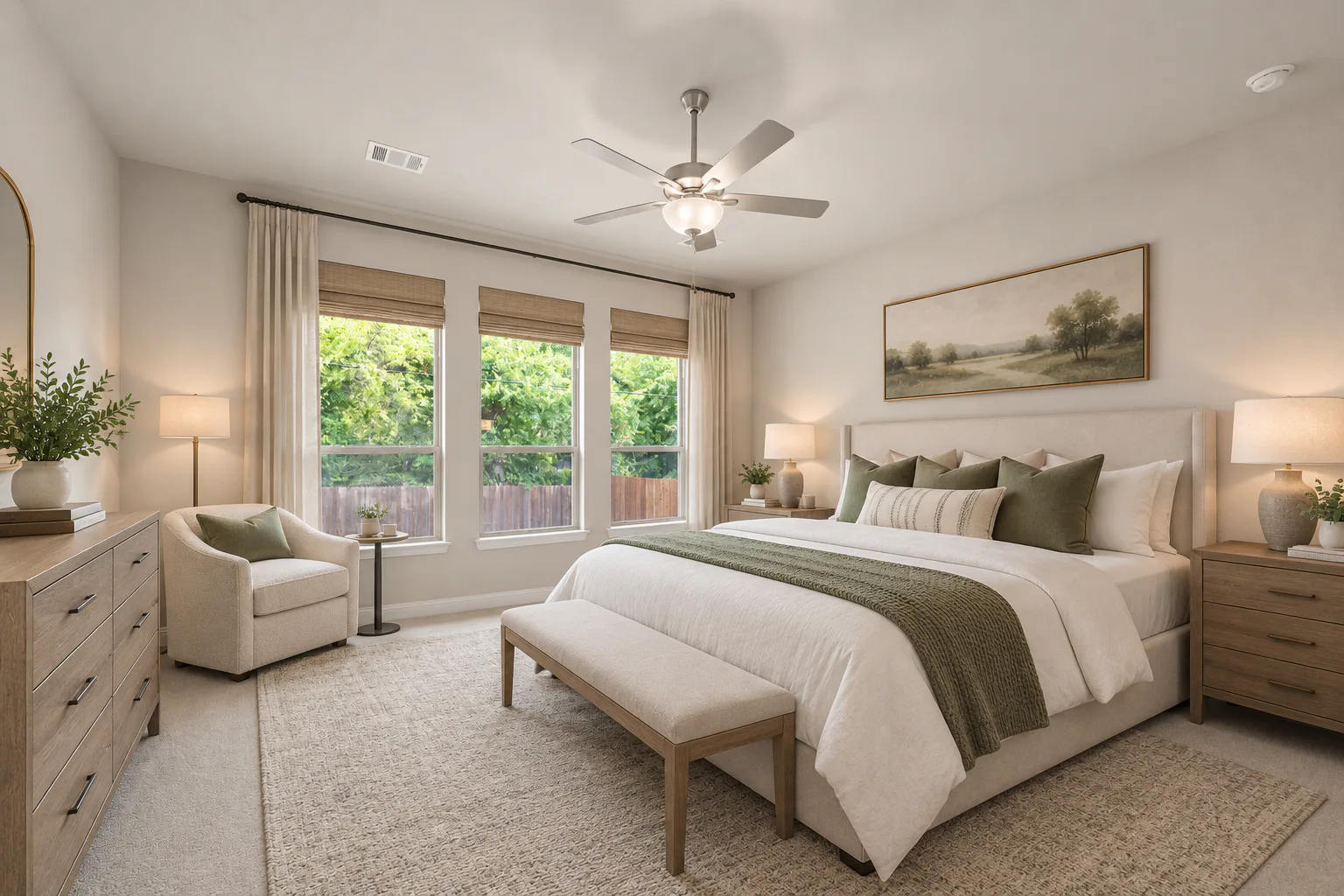 Virtually staged primary bedroom in a transitional ranch style home by Kindred Homes