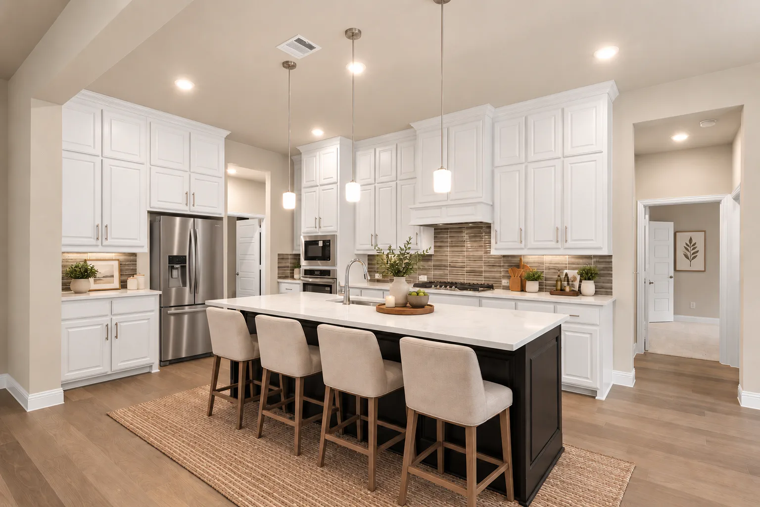 Virtually staged kitchen in a transitional ranch style home by Kindred Homes