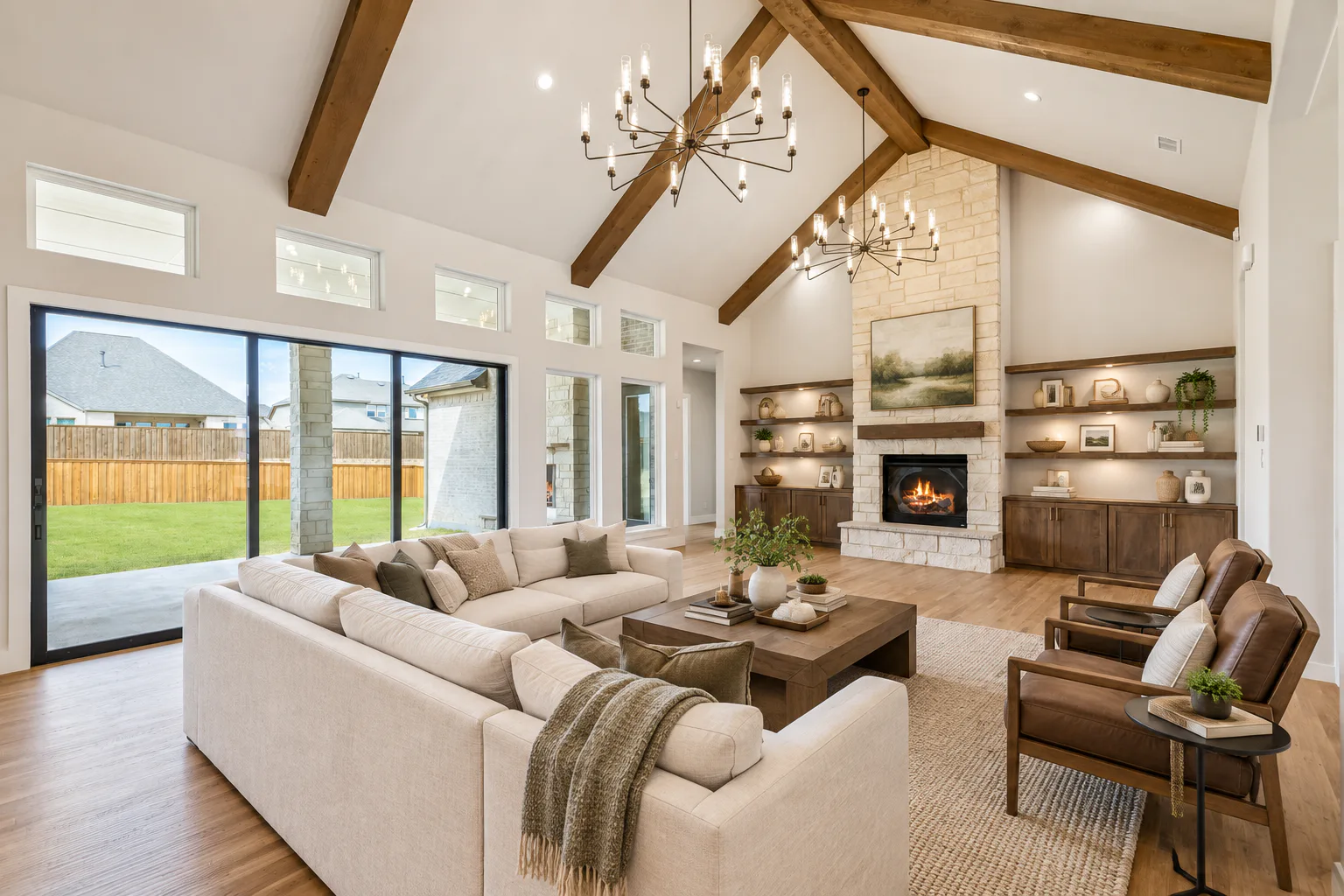 Virtually staged living room in a custom home by Kindred Homes