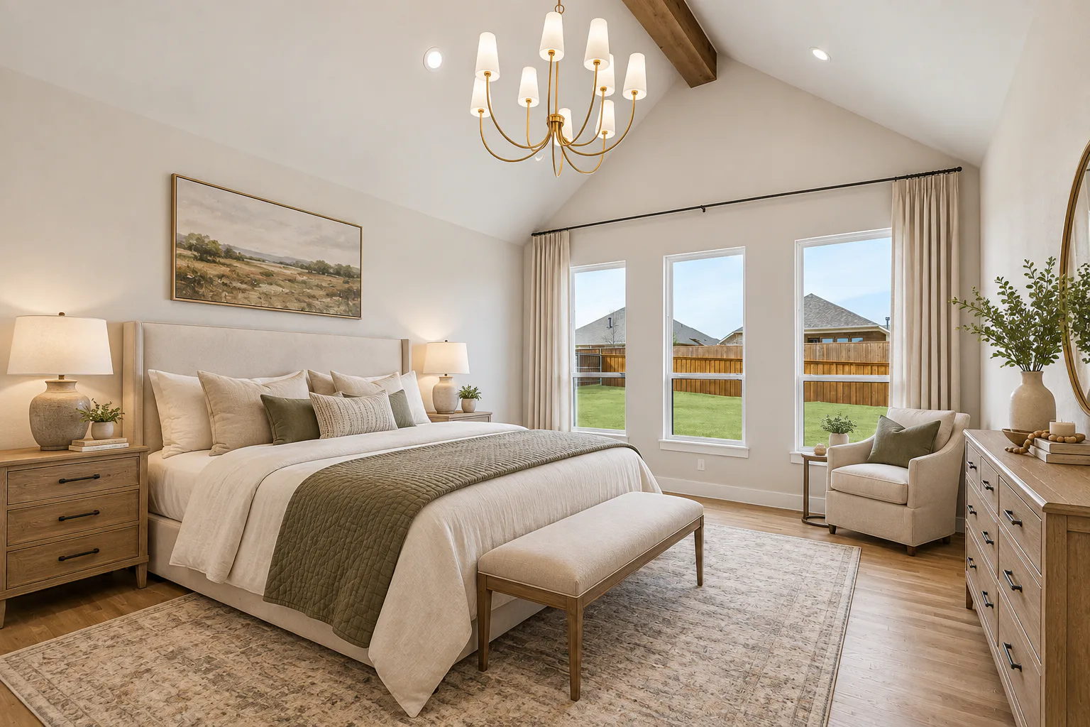 Virtually staged primary bedroom in a custom home by Kindred Homes