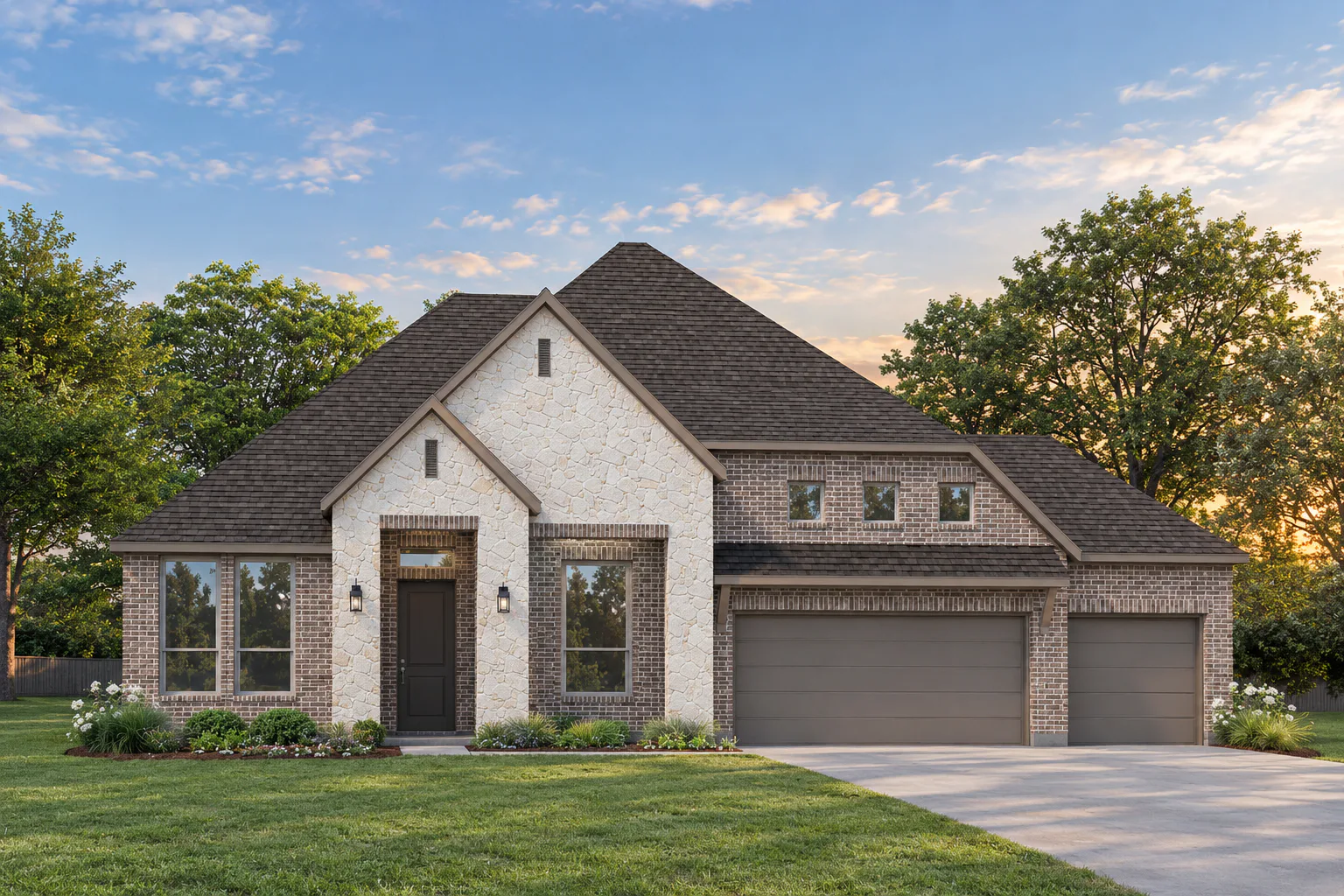 Exterior rendering of a transitional ranch style home by Kindred Homes