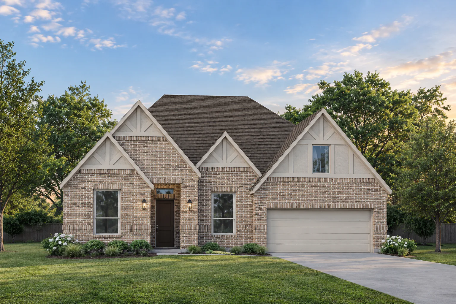 Exterior rendering of a traditional tudor-inspired home by Kindred Homes