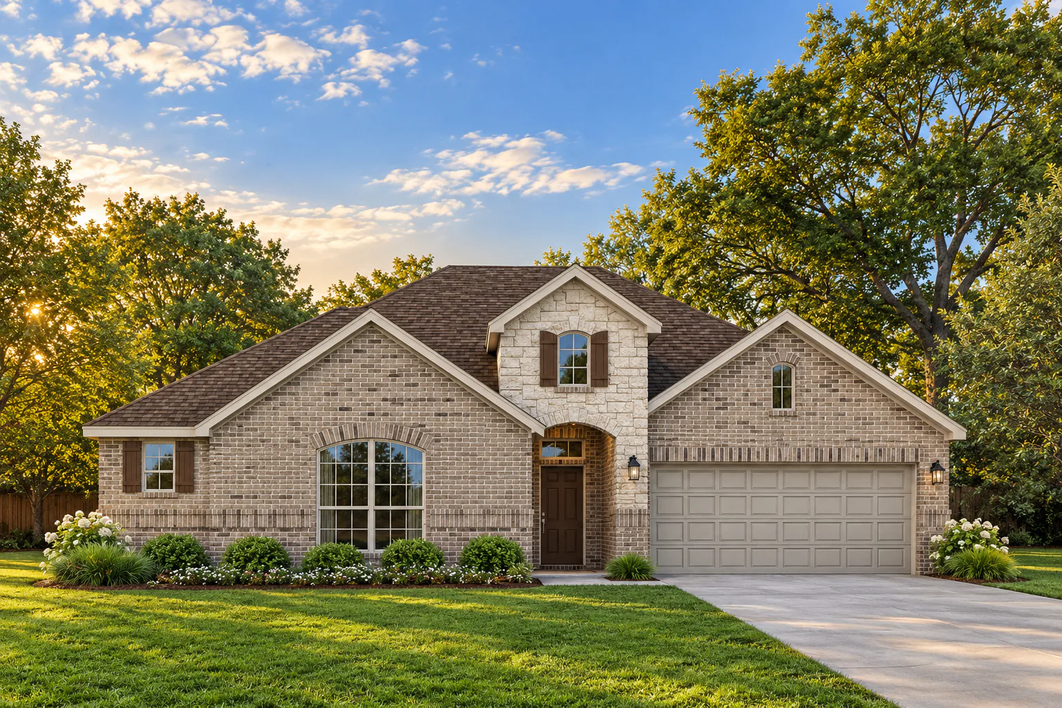 Elevation B with Stone of the Bluebonnet Plan by Kindred Homes