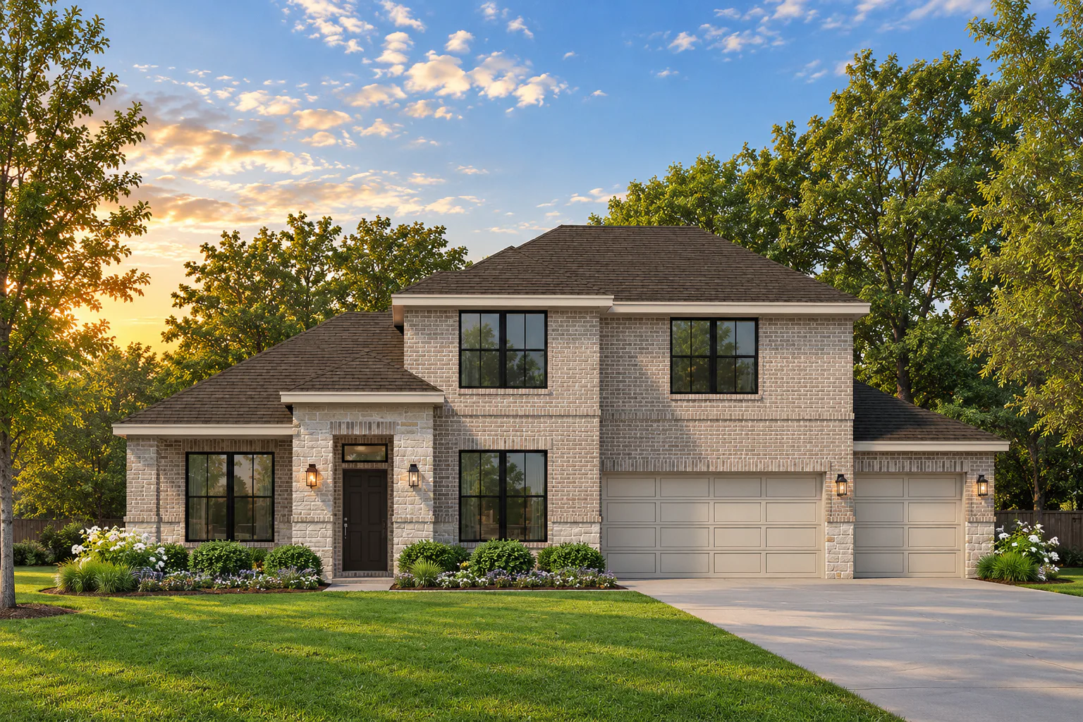 Elevation A with Stone and 3 Car Cherry Plan by Kindred Homes