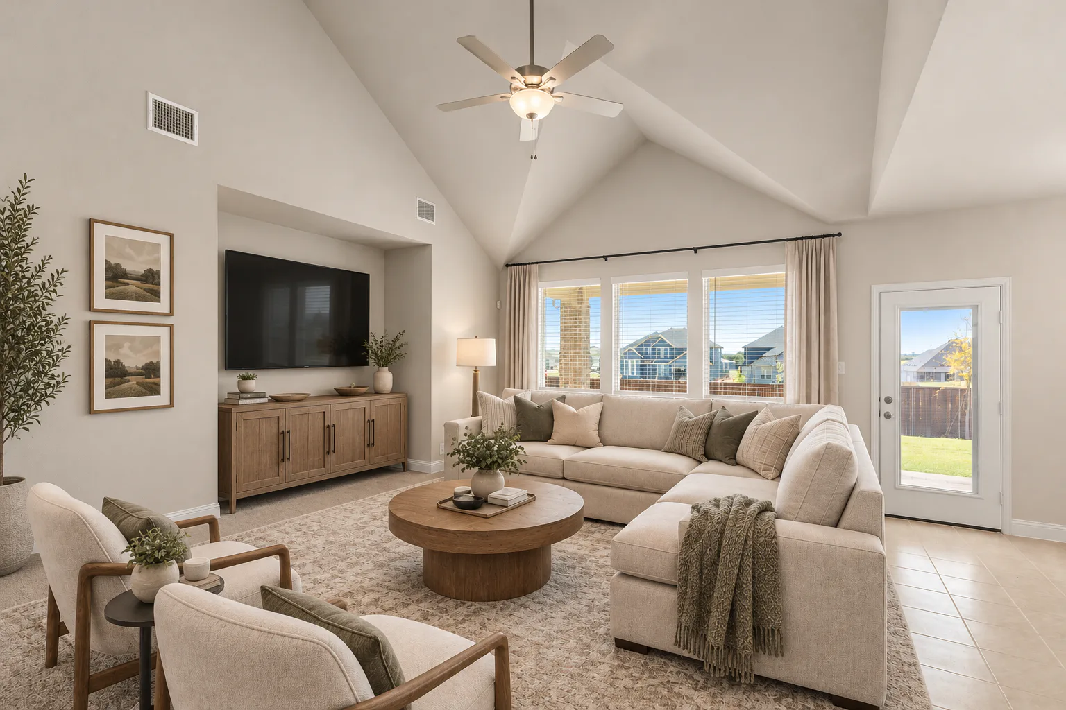 Virtually staged living room in a new traditional style home by Kindred Homes