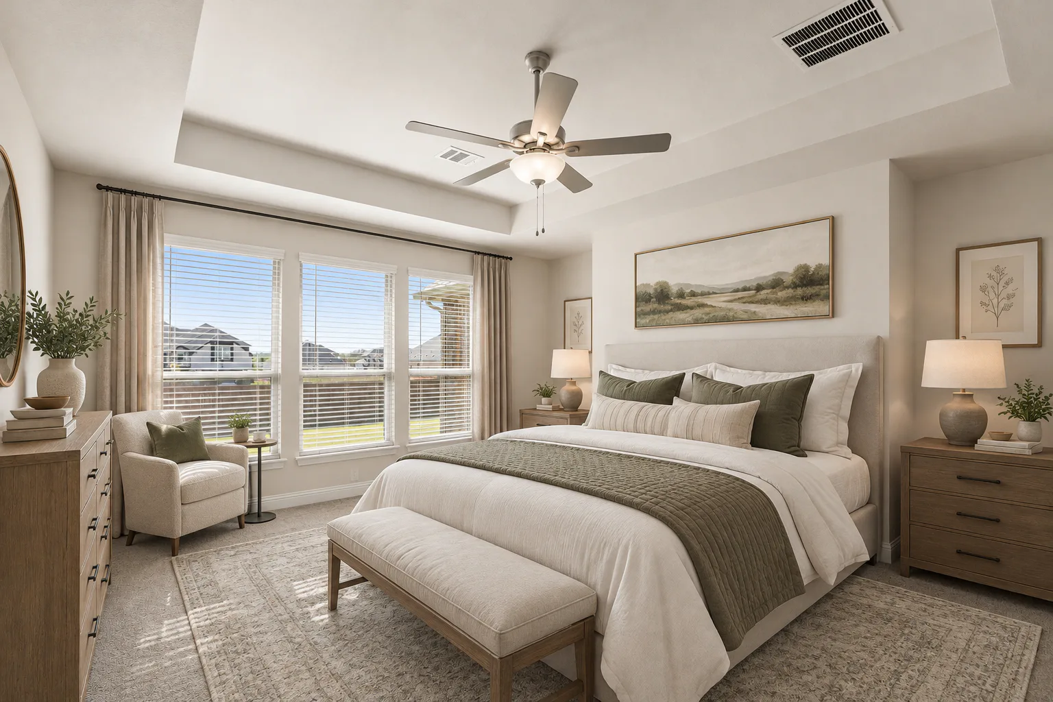 Virtually staged primary bedroom in a new traditional style home by Kindred Homes