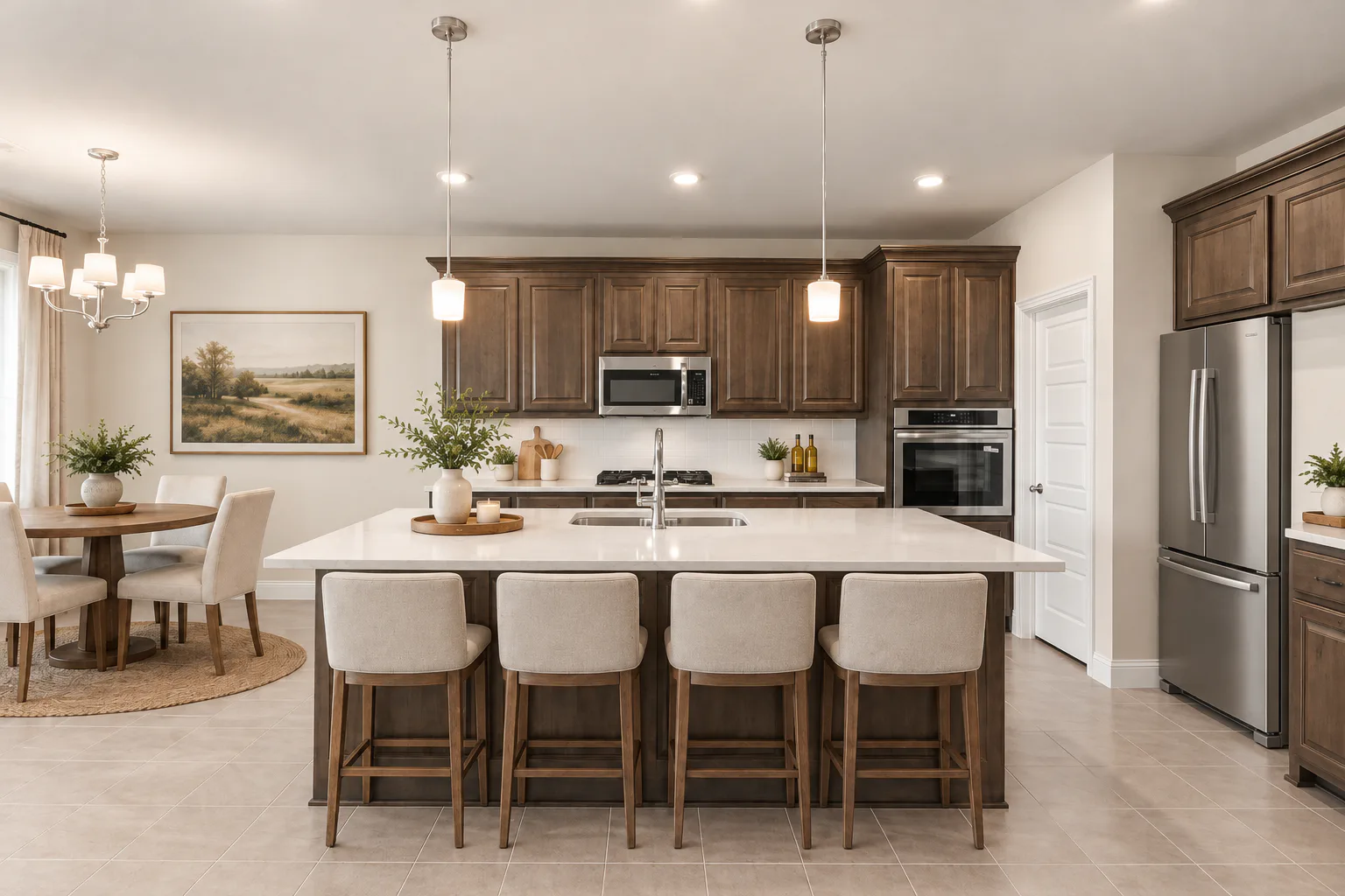 Virtually staged kitchen in a new traditional style home by Kindred Homes