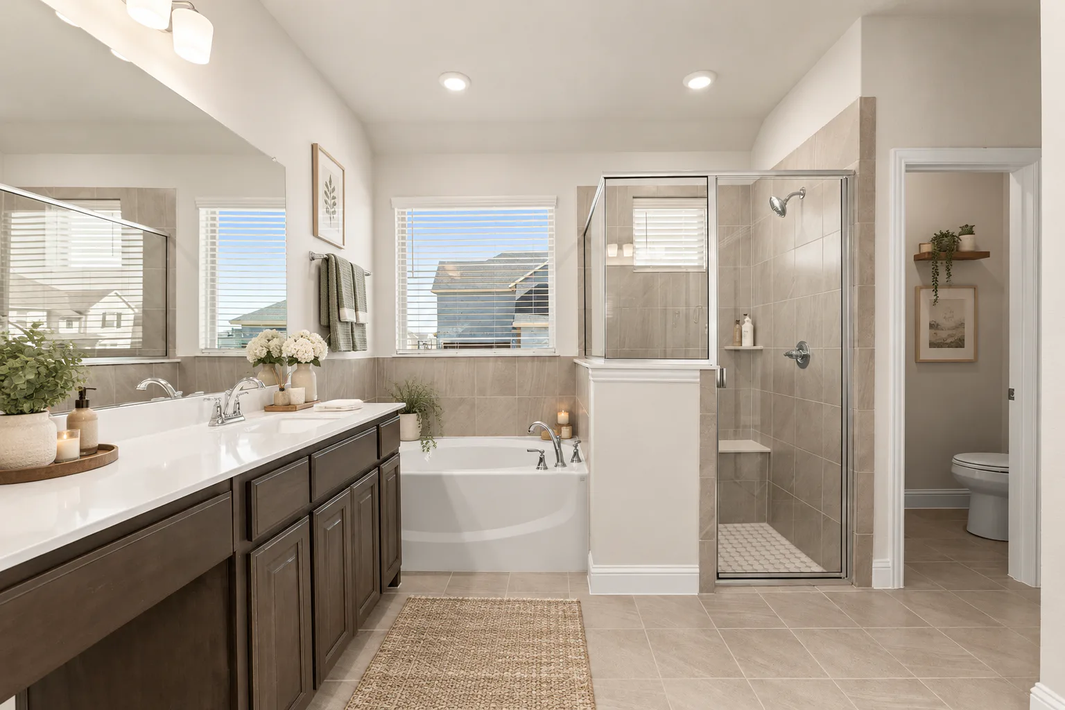 Virtually staged primary bathroom a new traditional style home by Kindred Homes